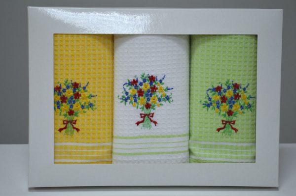 Conjunto de 3 panos em favo em caixa presente, Bordado ramo de Flores