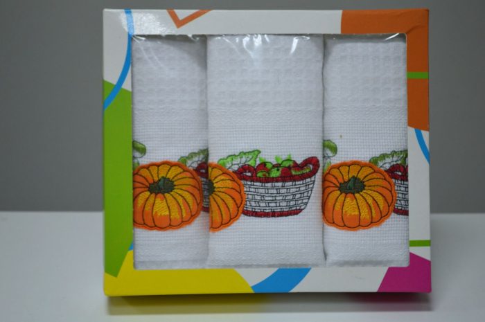 Conjunto de 3 panos em favo em caixa presente, Bordado Colheita