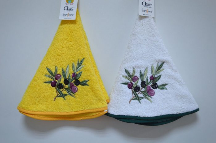 Pano de cozinha redondo, Bordado Azeitonas, Branco e Amarelo