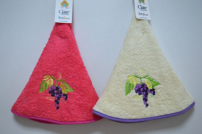 Pano de cozinha redondo, Bordado Uvas, Fuchsia, Creme
