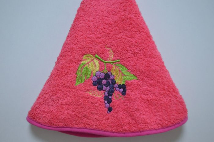 Pano de cozinha redondo, Bordado Uvas, Fuchsia
