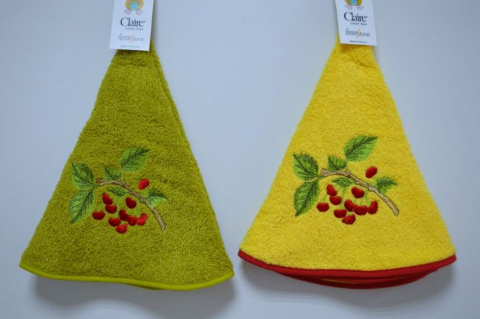 Pano de cozinha redondo, Bordado Cerejas , Verde e Amarelo
