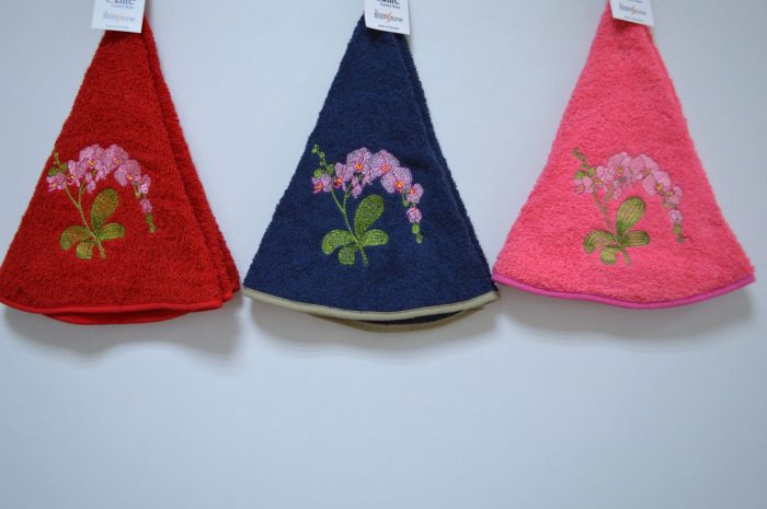 Pano de cozinha redondo, Bordado Orquídea, Vermelho, Marinho, Fucsia