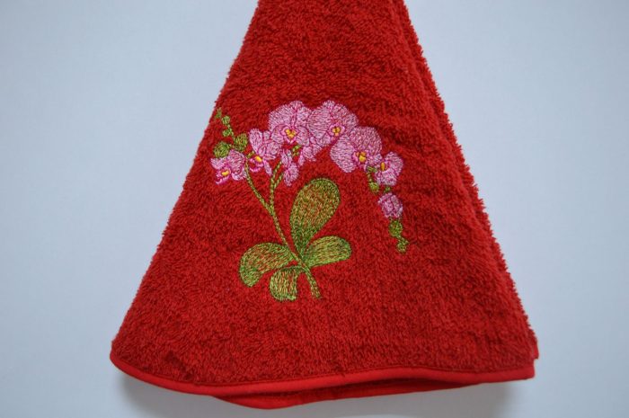 Pano de cozinha redondo, Bordado Orquídea, Vermelho