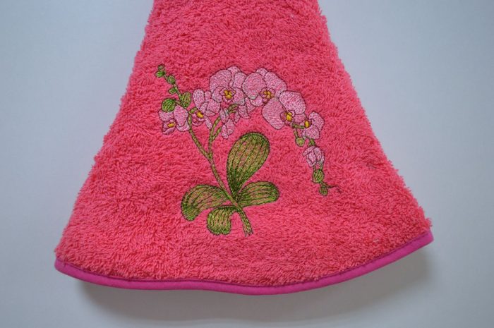 Pano de cozinha redondo, Bordado Orquídea, Fucsia