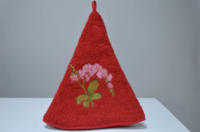 Pano de cozinha redondo, Bordado Orquídea, Vermelho