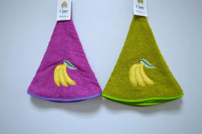 Pano de cozinha redondo, Bordado Bananas, Verde e Lilás