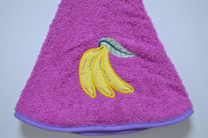 Pano de cozinha redondo, Bordado Bananas, Lilás