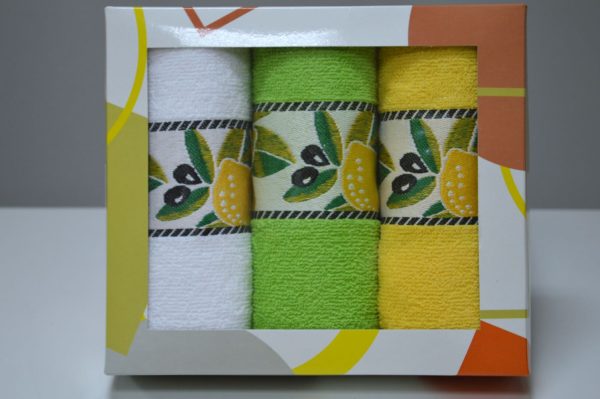 Conjunto de 3 panos em felpo em caixa presente, Barra jacquard Limões