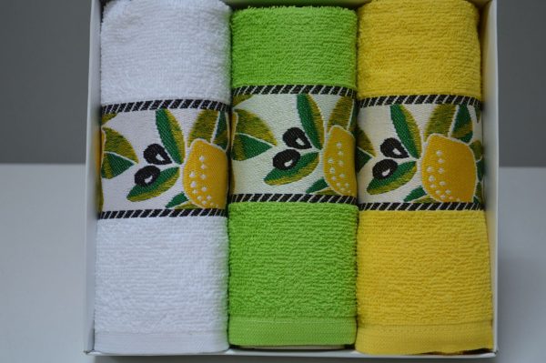 Conjunto de 3 panos em felpo em caixa presente, Barra jacquard Limões