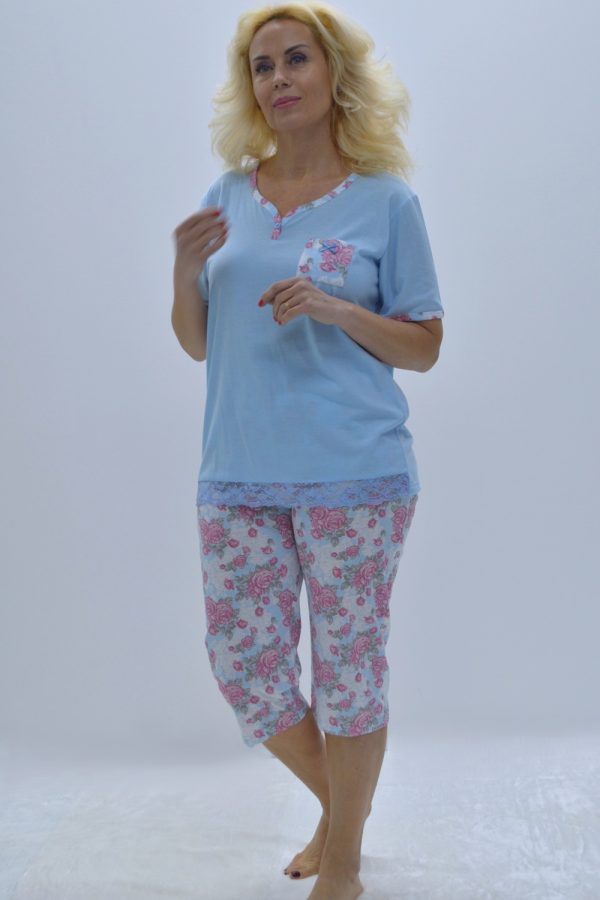 Pijama de senhora T-shirt + bermuda, Azul