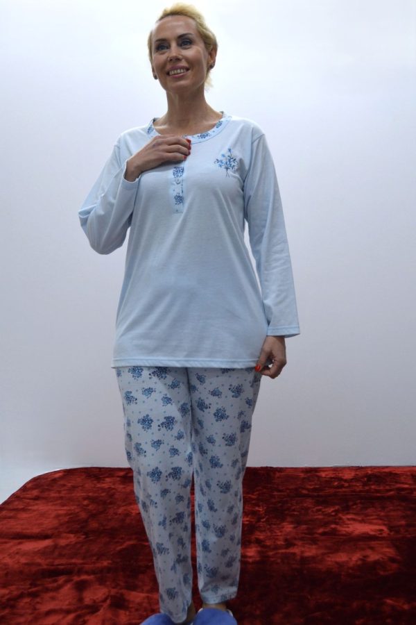 Pijama de senhora com bordado, Azul