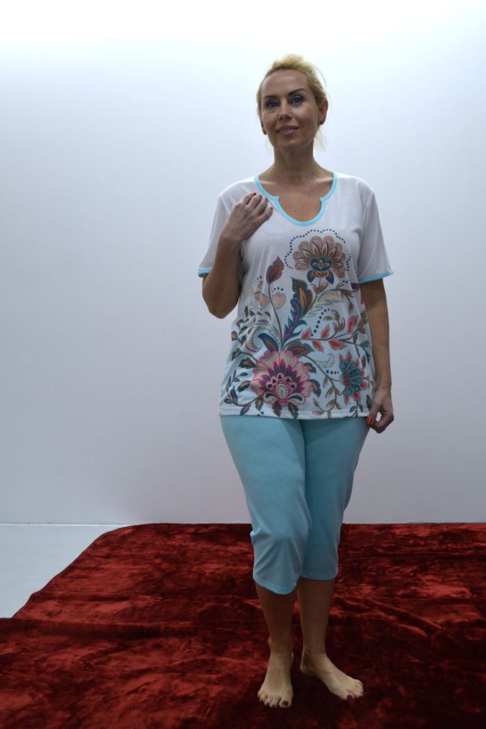 Pijama de senhora T-shirt + bermuda, Branco / Azul