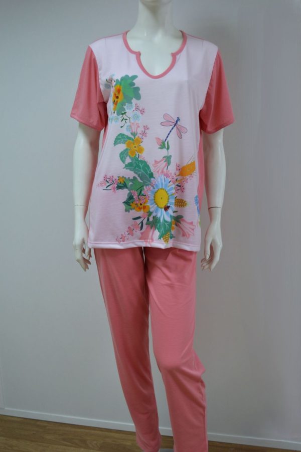Pijama camisola manga curta + calça , Coral