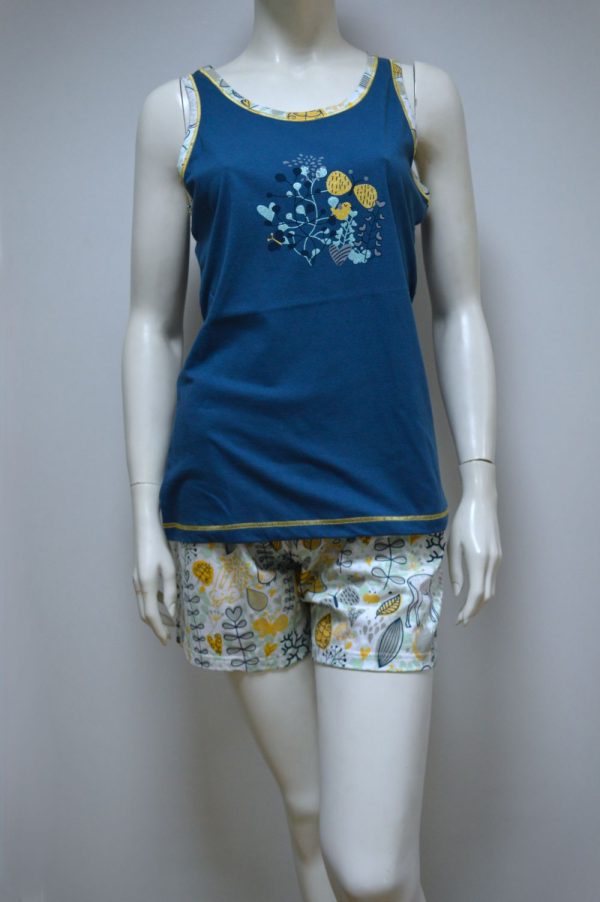 Pijama de Mulher Top sem Manga + Calção, Beje e Marinho