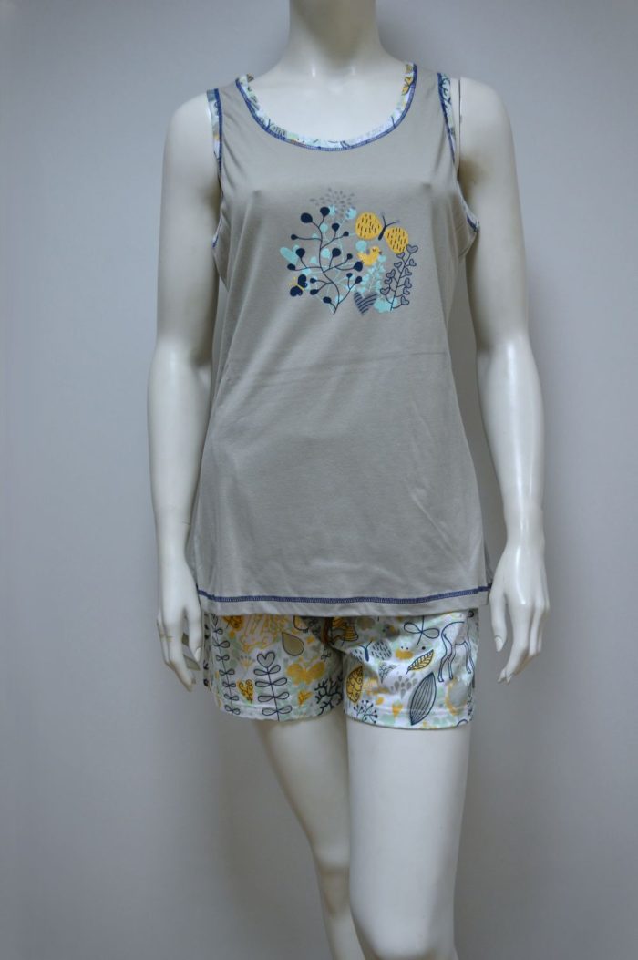 Pijama de Mulher Top sem Manga + Calção, Beje e Marinho